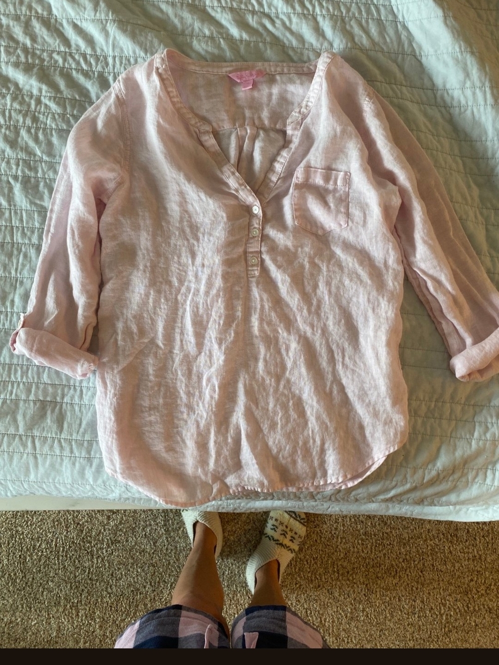 Light Pink Linen Henley Top - Women
